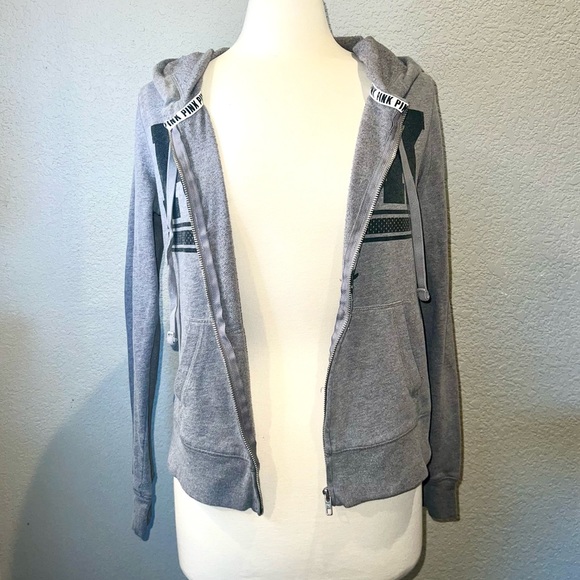 PINK VICTORIA’S SECRET Heather Grey Zip-Up Hoodie w/ Front Logo - Picture 3 of 7